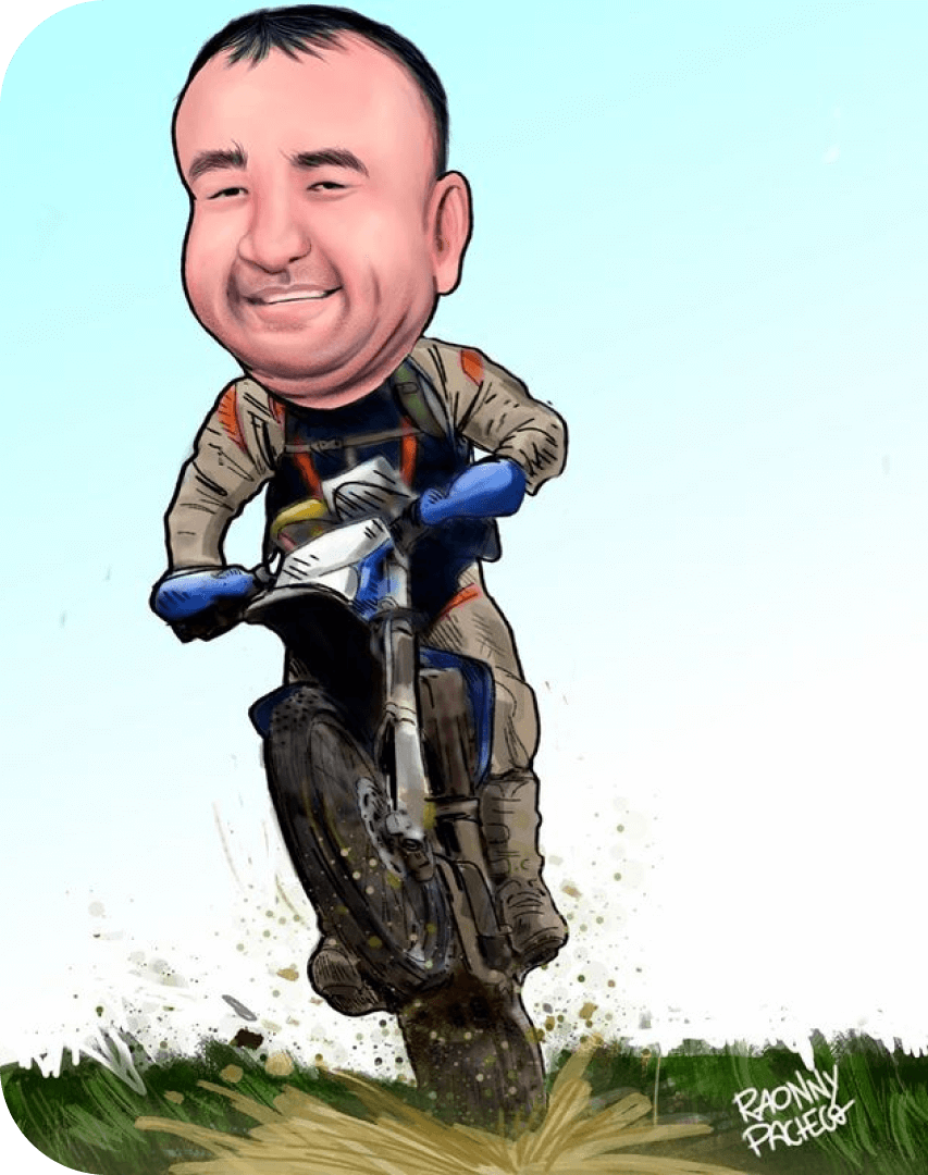 Caricatura de Leonardo Costa pilotando uma motocicleta